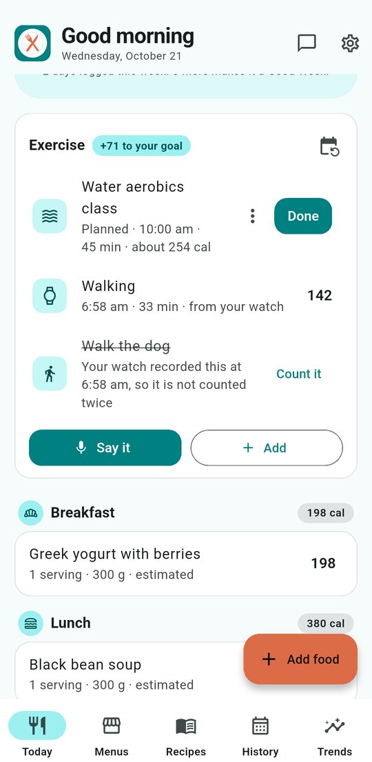 Today screen with the Exercise card: a planned class with a Done button, a walk from the watch, and a ticked dog walk the watch already covered.